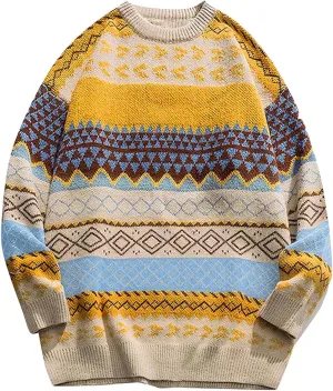 Arssm Mens Vintage Sweater Grandpa Oversized Cable Knit Crewneck Pullovers Casual Long Sleeve Striped Sweater