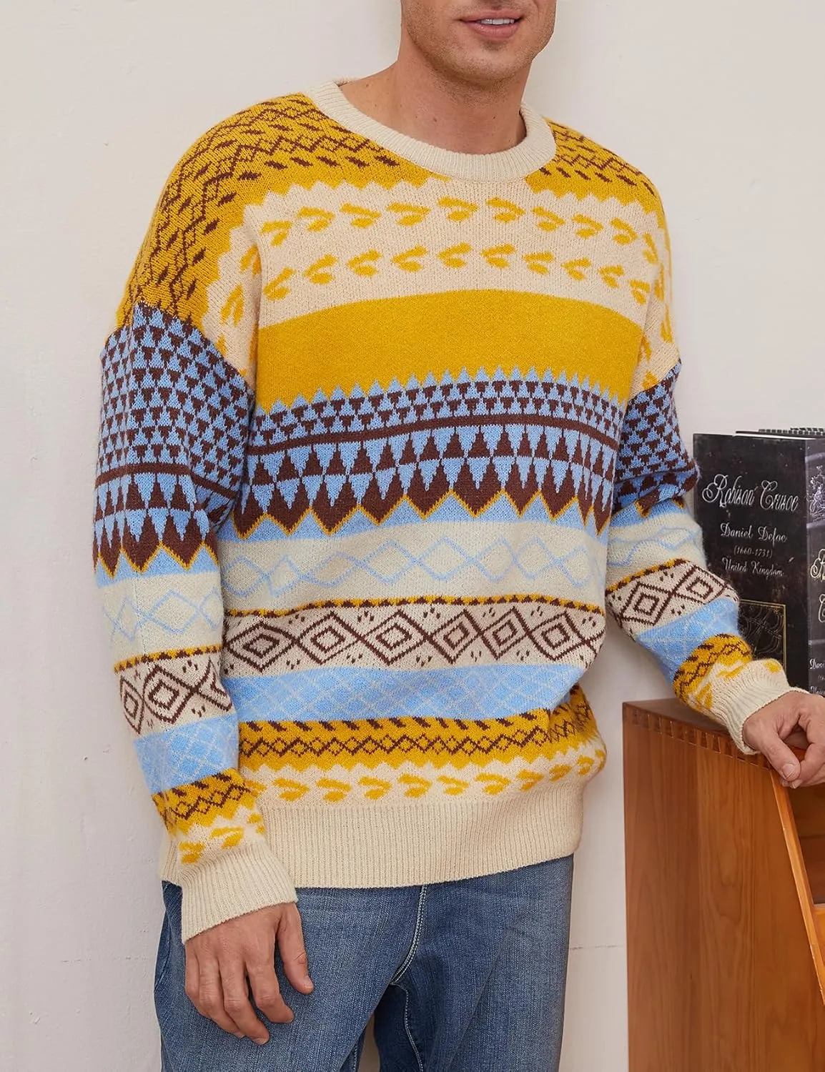Arssm Mens Vintage Sweater Grandpa Oversized Cable Knit Crewneck Pullovers Casual Long Sleeve Striped Sweater