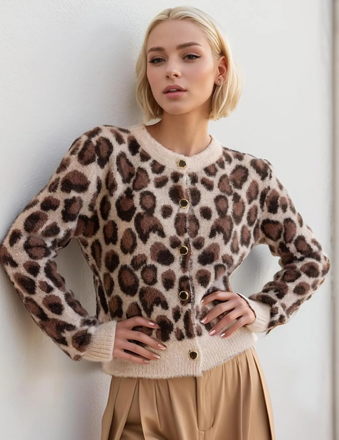 Arssm Womens Leopard Printed Cardigans 2024 Crewneck Printed Fluffy Sweaters Long Sleeve Fuzzy Sweater Knitwear