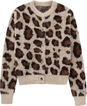 Arssm Womens Leopard Printed Cardigans 2024 Crewneck Printed Fluffy Sweaters Long Sleeve Fuzzy Sweater Knitwear