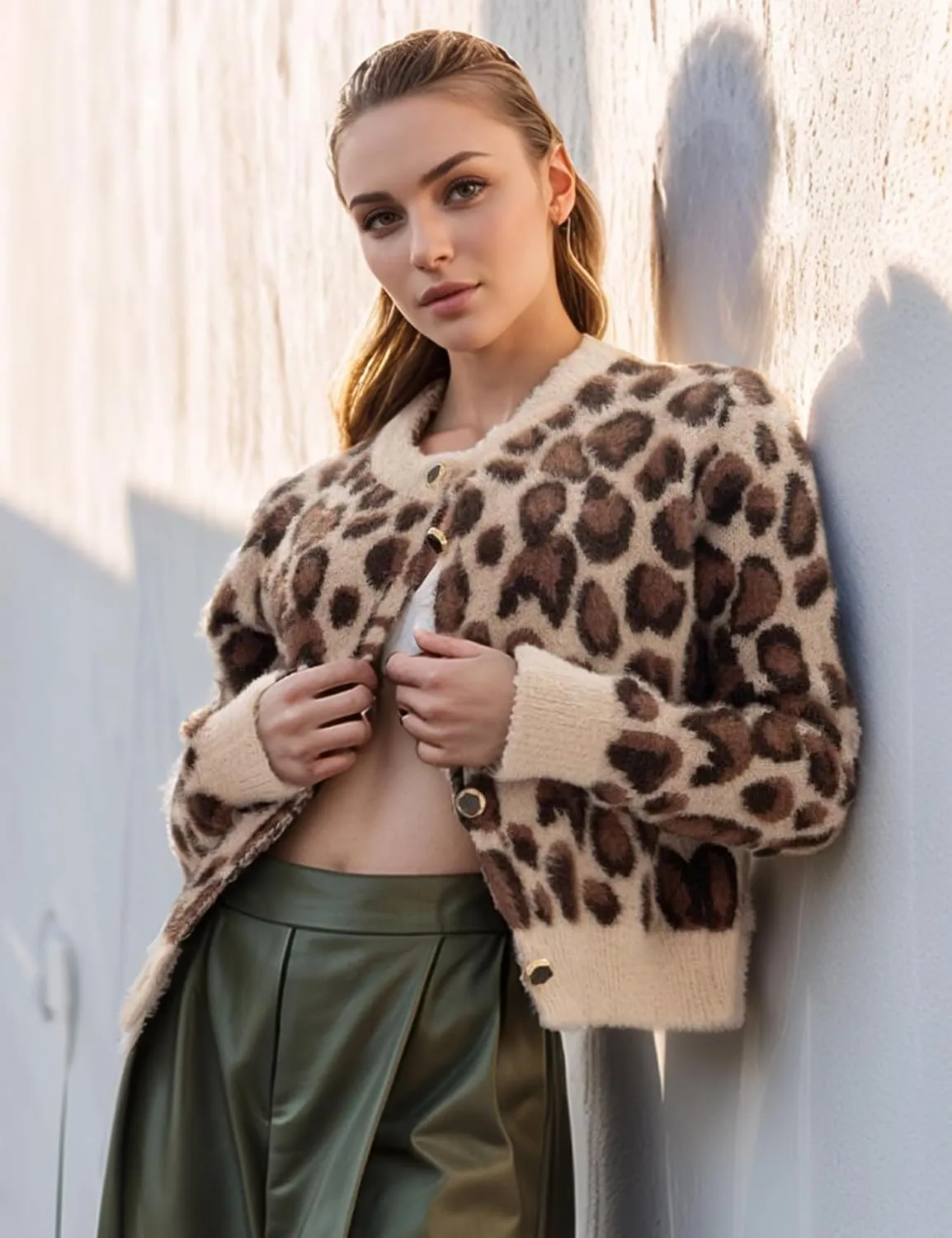 Arssm Womens Leopard Printed Cardigans 2024 Crewneck Printed Fluffy Sweaters Long Sleeve Fuzzy Sweater Knitwear