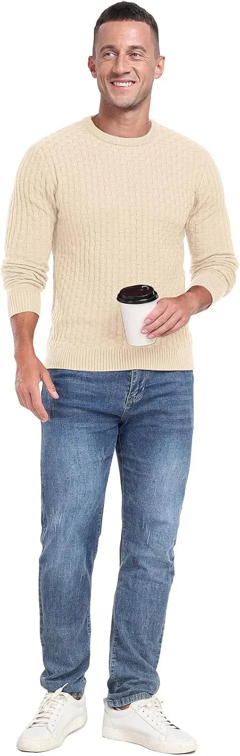 Askdeer Men's Crewneck Pullover Sweater Waffle Long Sleeve Casual Sweater Soft Knit Waffle Texture Sweater Ribbing Edge
