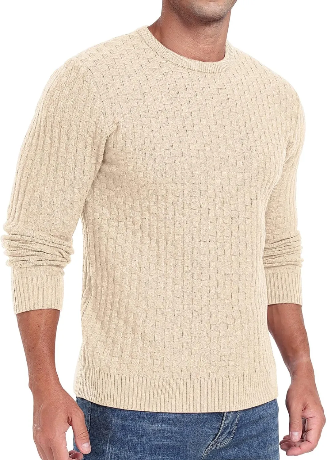 Askdeer Men's Crewneck Pullover Sweater Waffle Long Sleeve Casual Sweater Soft Knit Waffle Texture Sweater Ribbing Edge