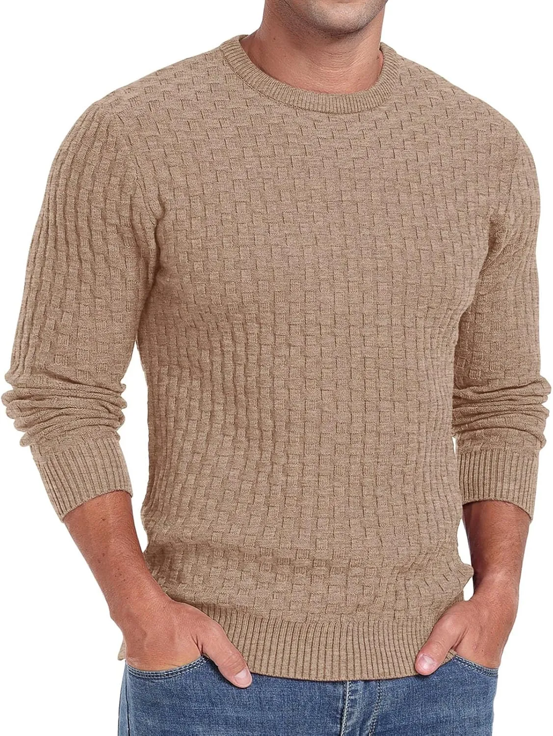 Askdeer Men's Crewneck Pullover Sweater Waffle Long Sleeve Casual Sweater Soft Knit Waffle Texture Sweater Ribbing Edge