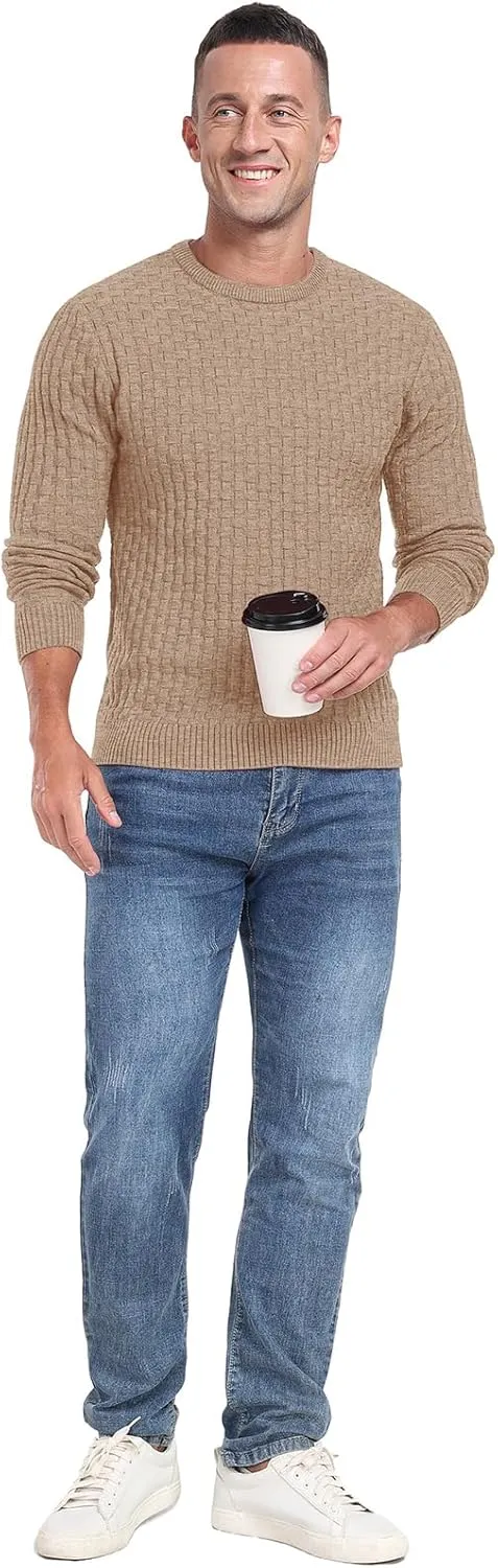 Askdeer Men's Crewneck Pullover Sweater Waffle Long Sleeve Casual Sweater Soft Knit Waffle Texture Sweater Ribbing Edge