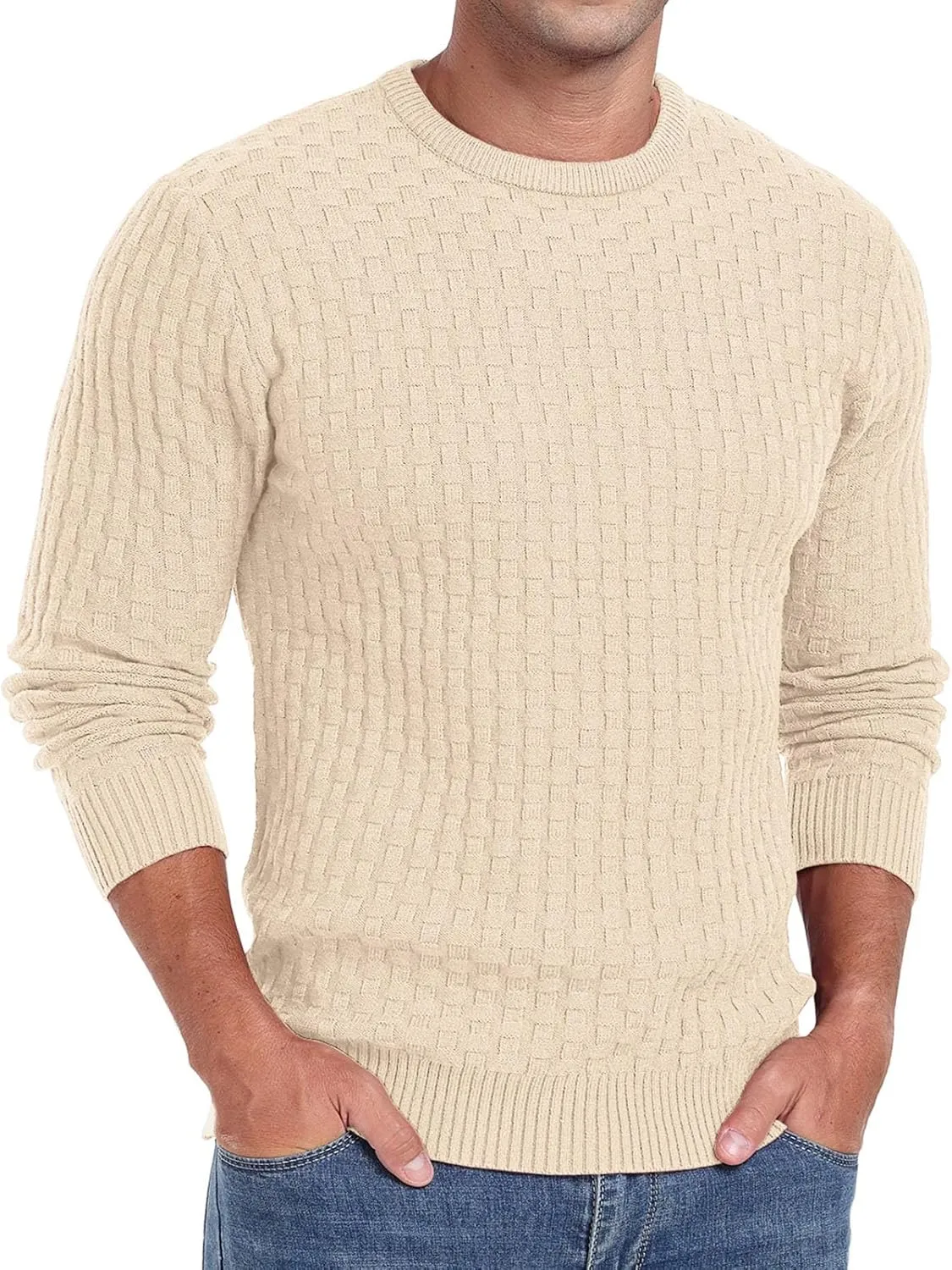 Askdeer Men's Crewneck Pullover Sweater Waffle Long Sleeve Casual Sweater Soft Knit Waffle Texture Sweater Ribbing Edge