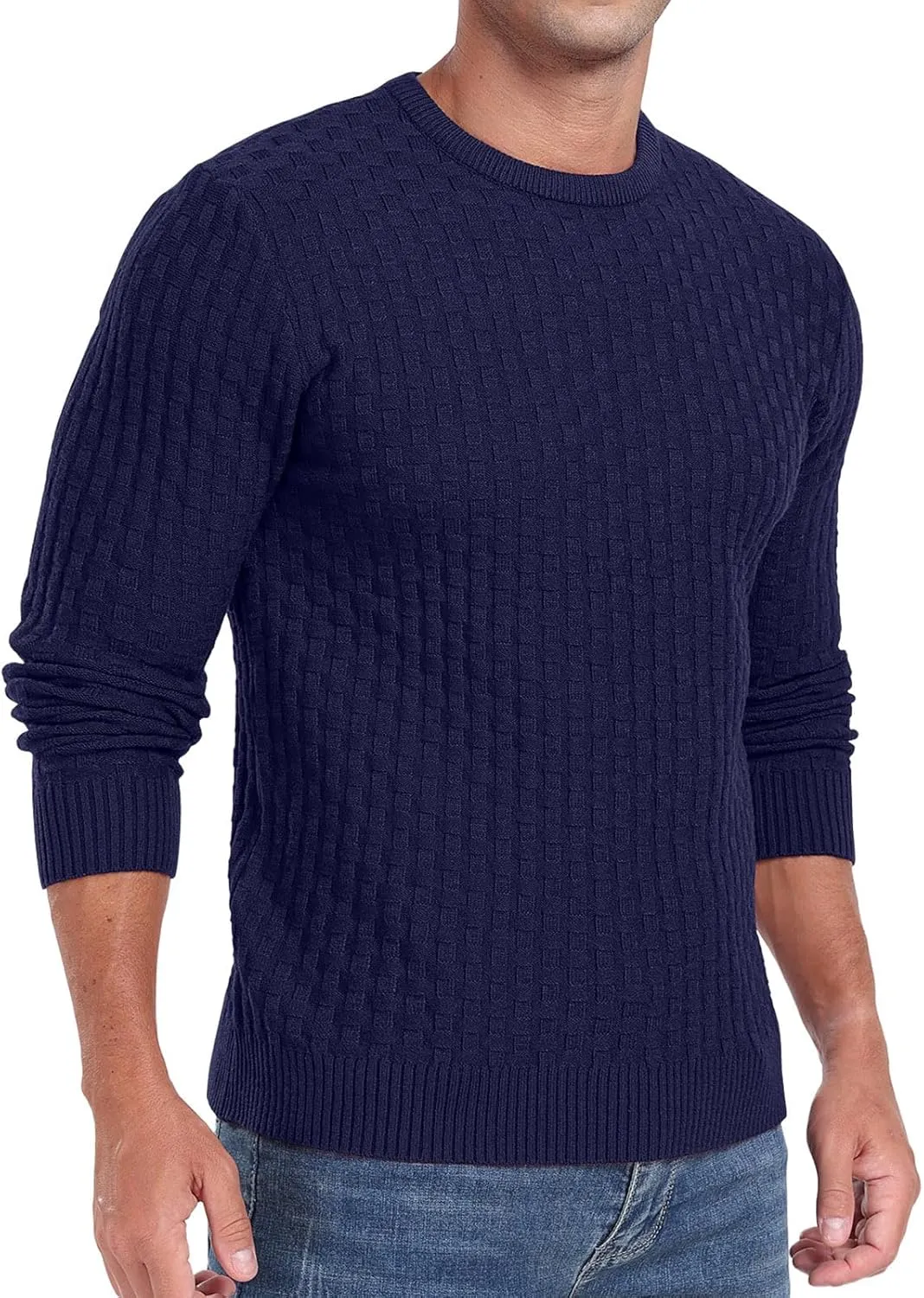 Askdeer Men's Crewneck Pullover Sweater Waffle Long Sleeve Casual Sweater Soft Knit Waffle Texture Sweater Ribbing Edge