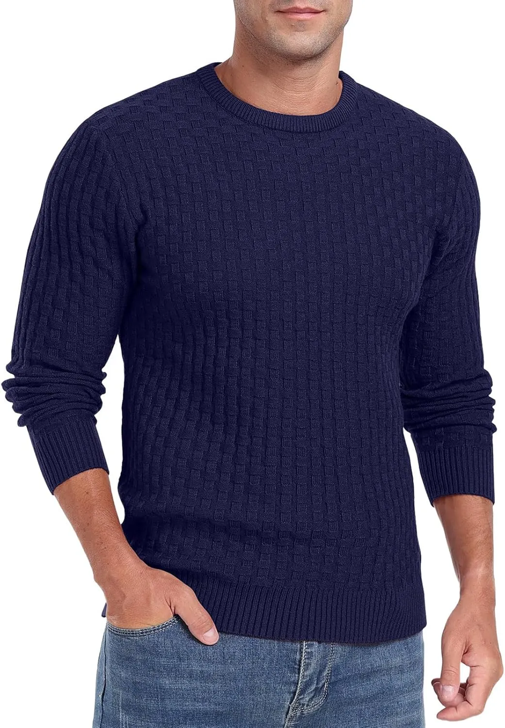 Askdeer Men's Crewneck Pullover Sweater Waffle Long Sleeve Casual Sweater Soft Knit Waffle Texture Sweater Ribbing Edge