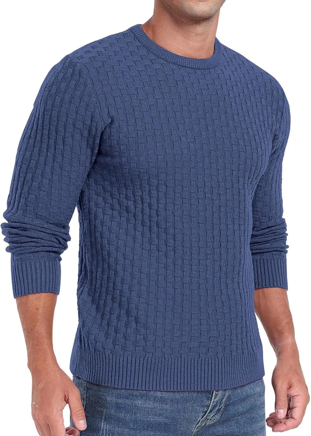 Askdeer Men's Crewneck Pullover Sweater Waffle Long Sleeve Casual Sweater Soft Knit Waffle Texture Sweater Ribbing Edge