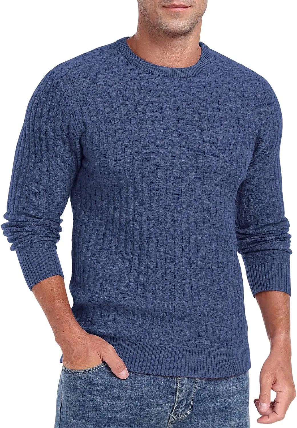 Askdeer Men's Crewneck Pullover Sweater Waffle Long Sleeve Casual Sweater Soft Knit Waffle Texture Sweater Ribbing Edge