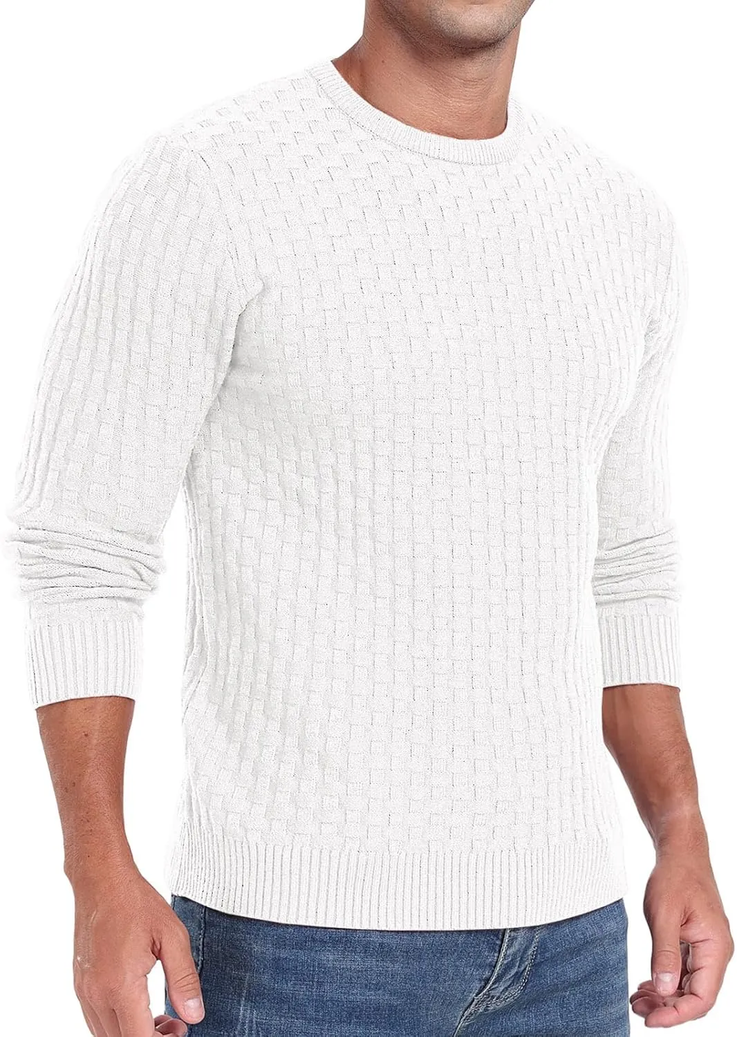 Askdeer Men's Crewneck Pullover Sweater Waffle Long Sleeve Casual Sweater Soft Knit Waffle Texture Sweater Ribbing Edge