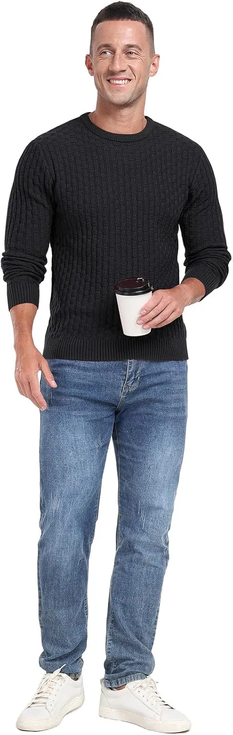 Askdeer Men's Crewneck Pullover Sweater Waffle Long Sleeve Casual Sweater Soft Knit Waffle Texture Sweater Ribbing Edge