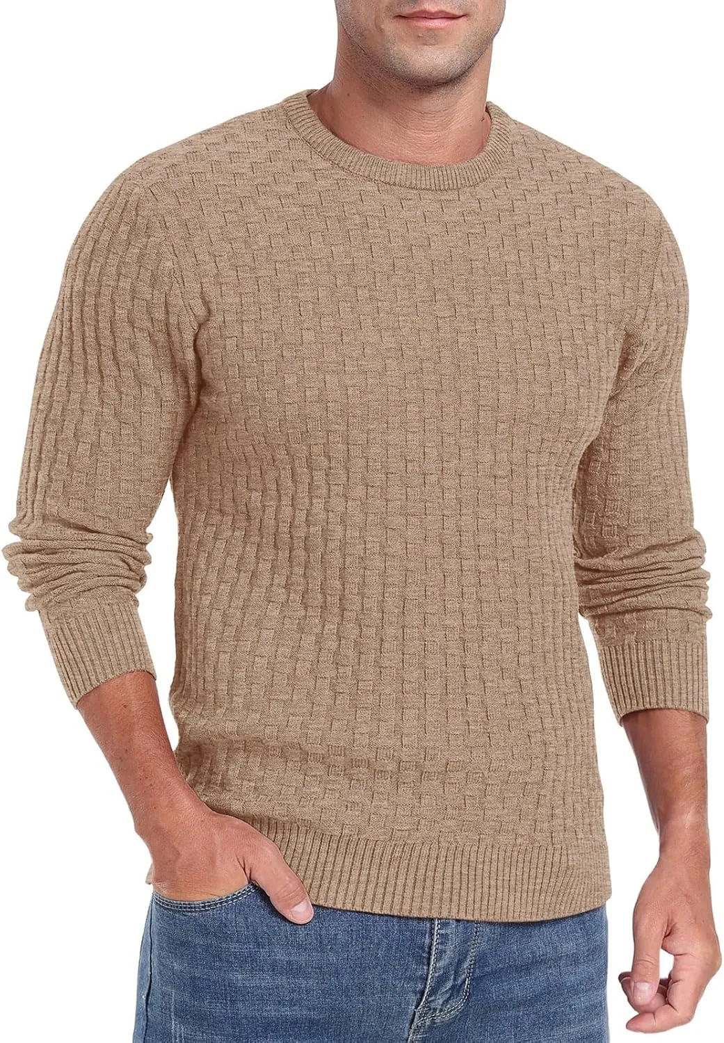 Askdeer Men's Crewneck Pullover Sweater Waffle Long Sleeve Casual Sweater Soft Knit Waffle Texture Sweater Ribbing Edge