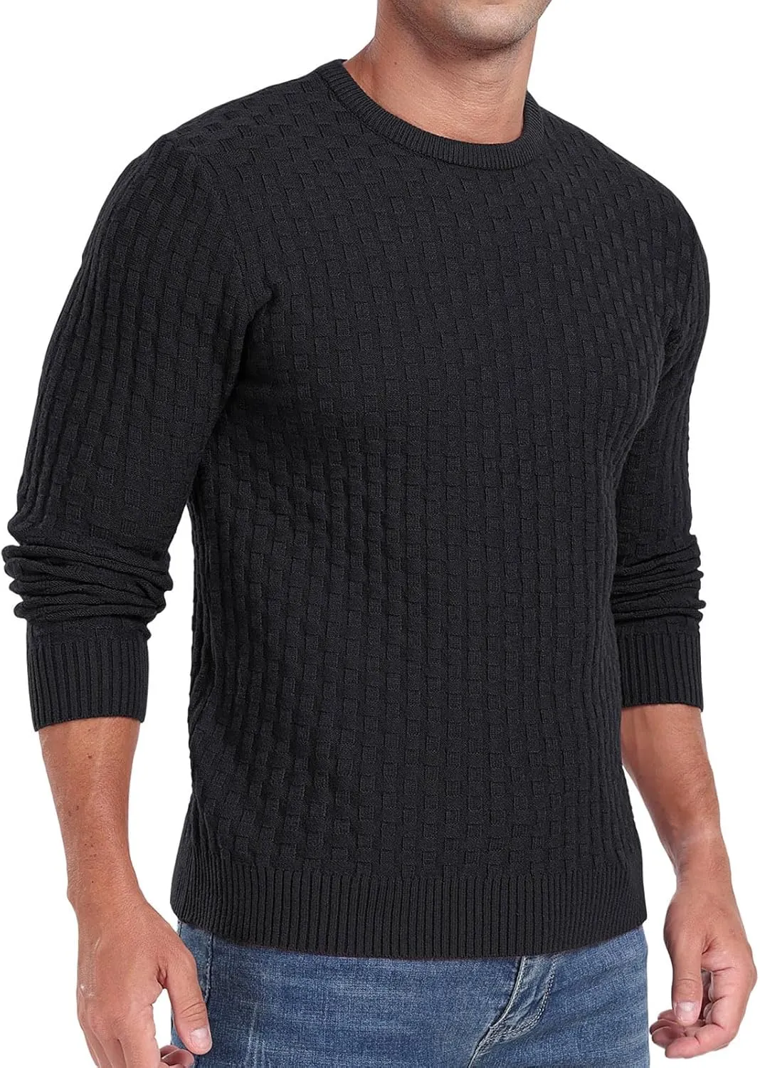Askdeer Men's Crewneck Pullover Sweater Waffle Long Sleeve Casual Sweater Soft Knit Waffle Texture Sweater Ribbing Edge