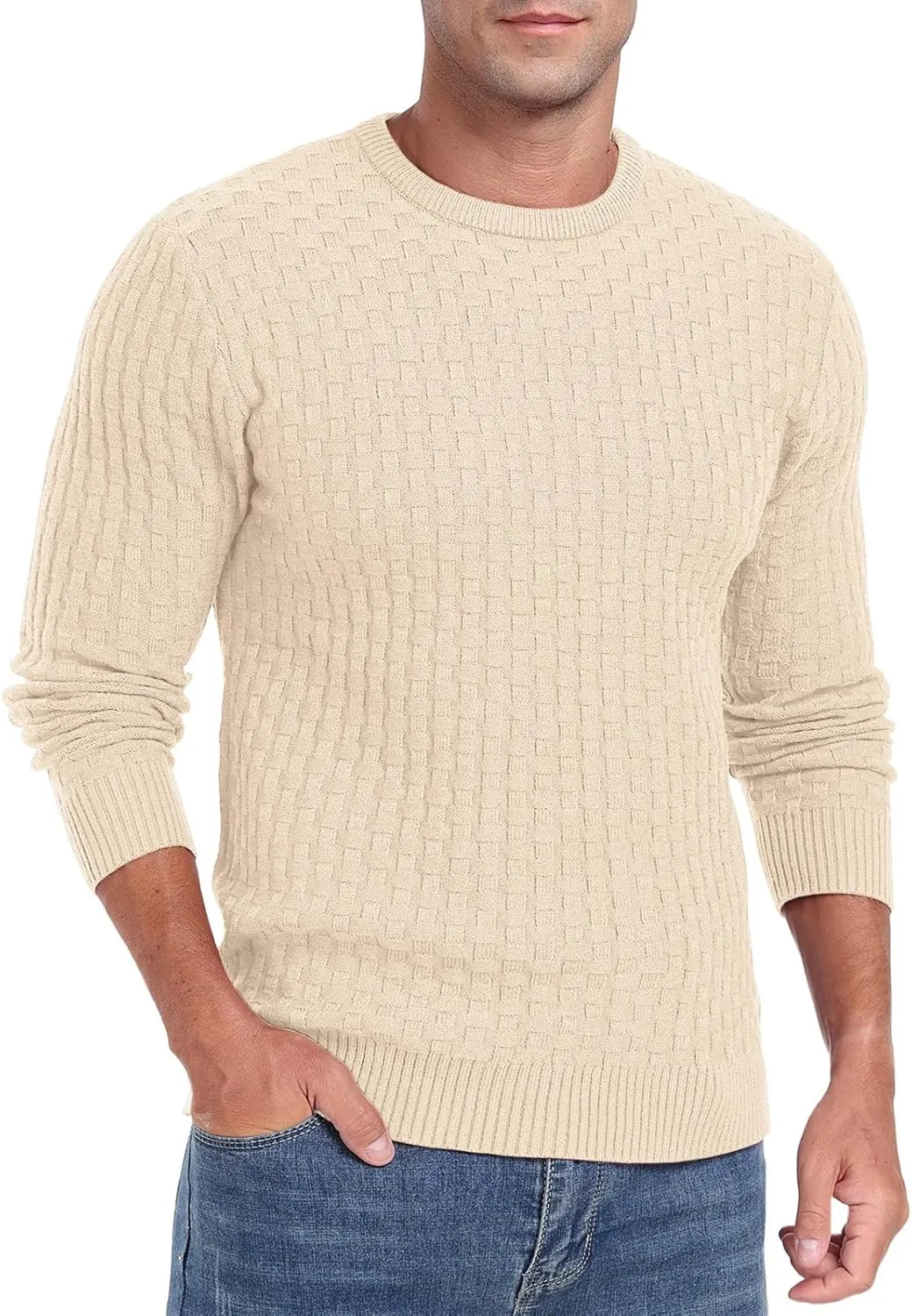 Askdeer Men's Crewneck Pullover Sweater Waffle Long Sleeve Casual Sweater Soft Knit Waffle Texture Sweater Ribbing Edge