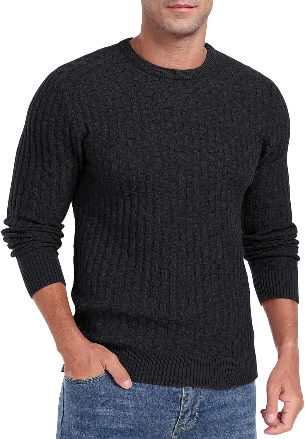 Askdeer Men's Crewneck Pullover Sweater Waffle Long Sleeve Casual Sweater Soft Knit Waffle Texture Sweater Ribbing Edge