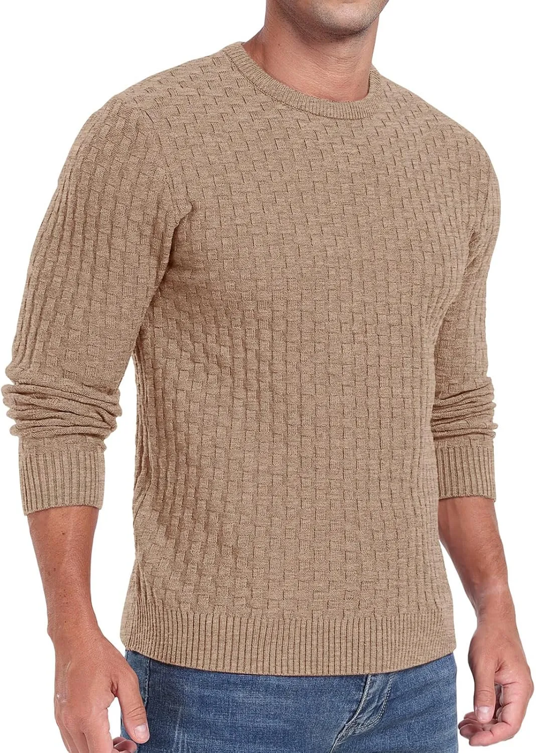 Askdeer Men's Crewneck Pullover Sweater Waffle Long Sleeve Casual Sweater Soft Knit Waffle Texture Sweater Ribbing Edge