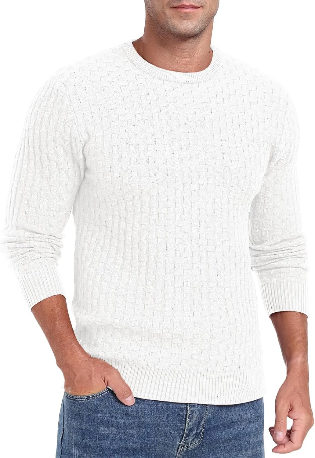 Askdeer Men's Crewneck Pullover Sweater Waffle Long Sleeve Casual Sweater Soft Knit Waffle Texture Sweater Ribbing Edge