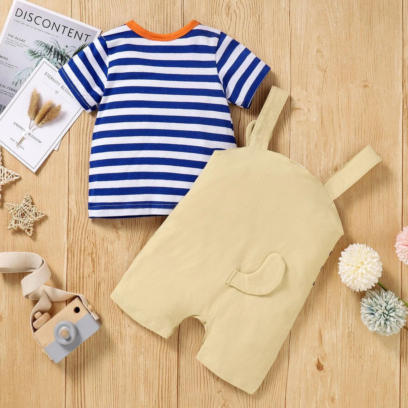 Baby Boy Striped Tee And Cat Overalls Baby Clothes Set