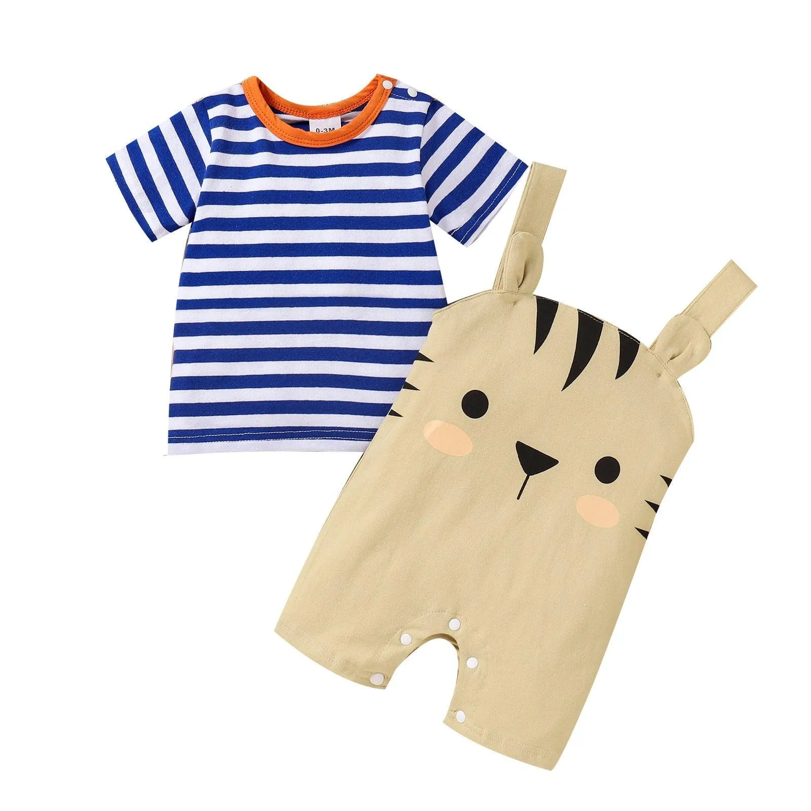 Baby Boy Striped Tee And Cat Overalls Baby Clothes Set