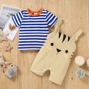 Baby Boy Striped Tee And Cat Overalls Baby Clothes Set