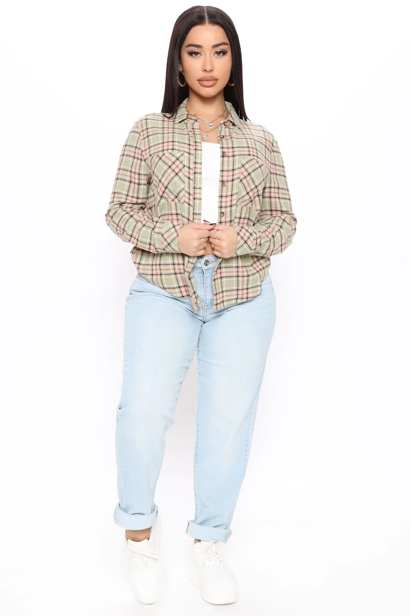 Back To The Weekend Plaid Top - Sage/combo