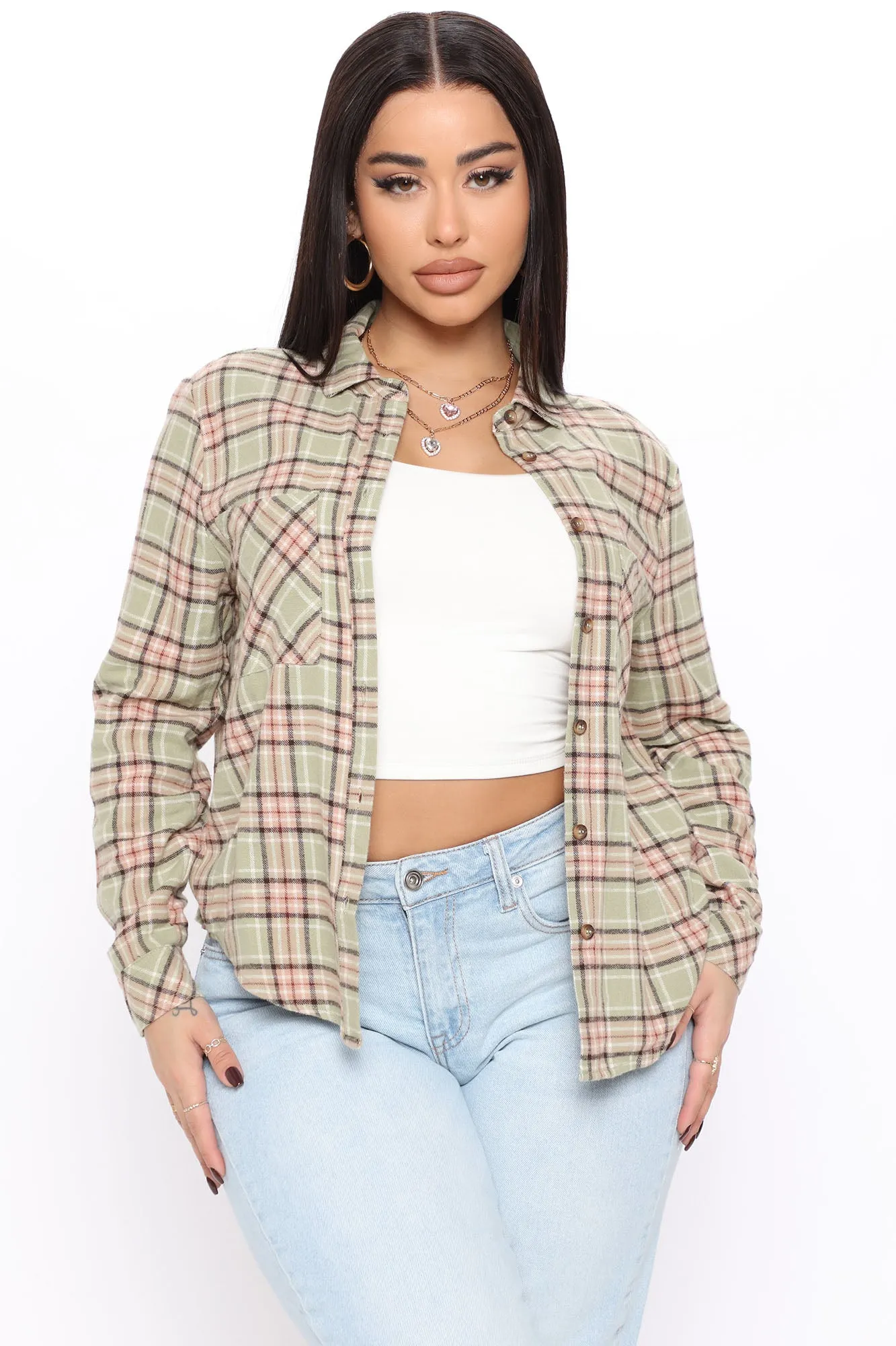 Back To The Weekend Plaid Top - Sage/combo