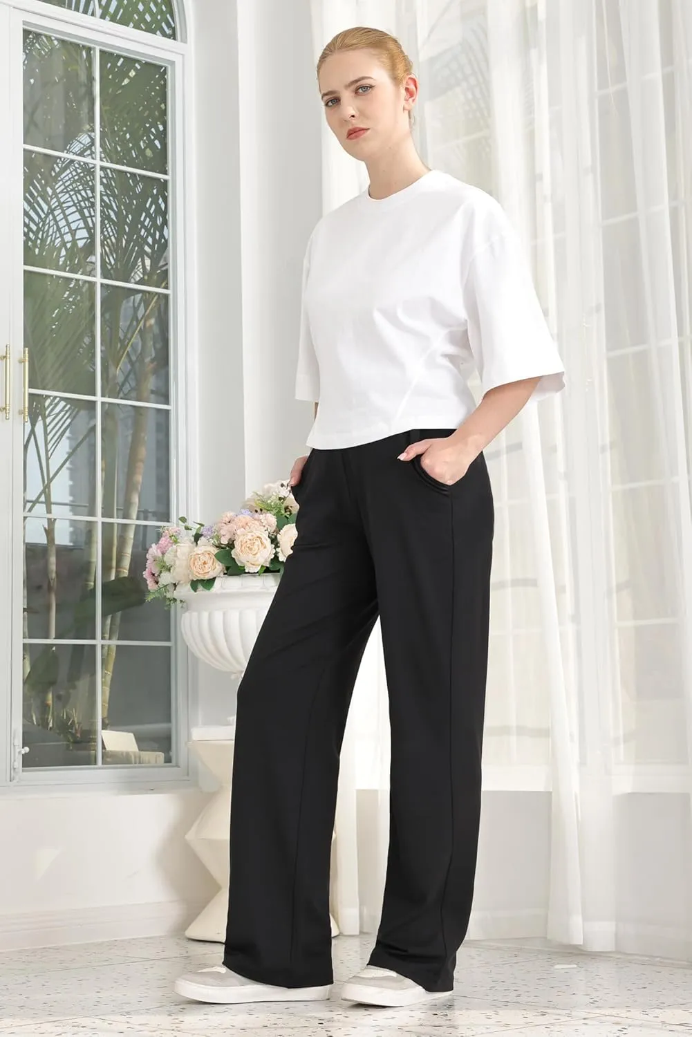 Balleay Art Dress Pants Women High Waisted Work Wide Leg Office Business Casual Slacks Pull On Trousers with Pockets