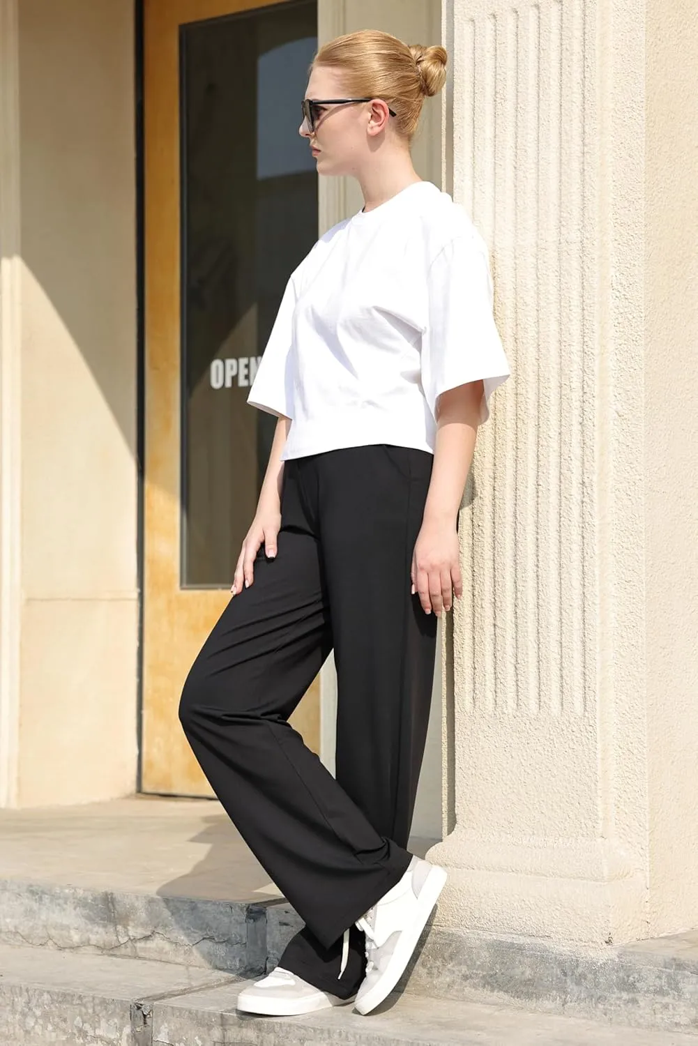 Balleay Art Dress Pants Women High Waisted Work Wide Leg Office Business Casual Slacks Pull On Trousers with Pockets