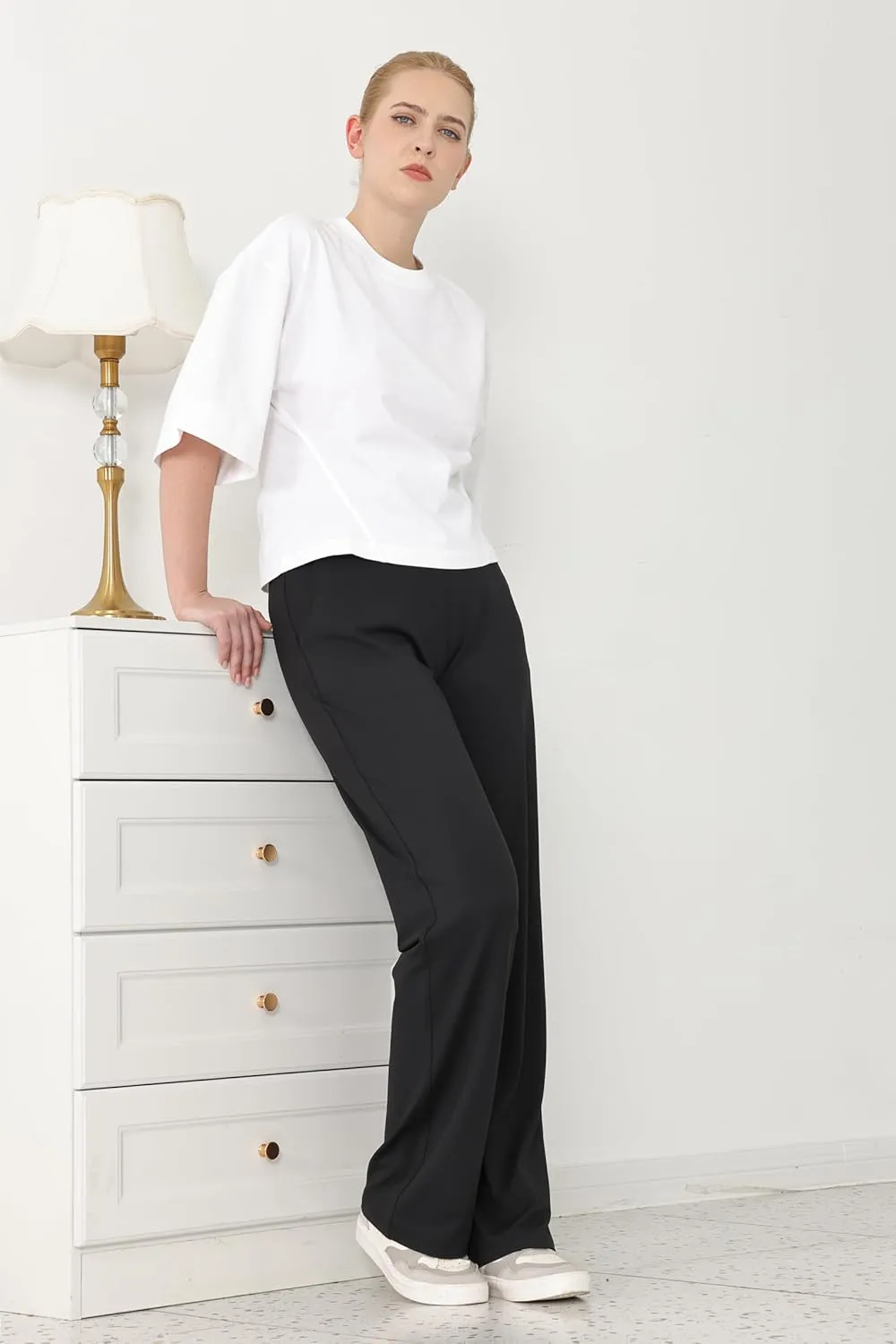 Balleay Art Dress Pants Women High Waisted Work Wide Leg Office Business Casual Slacks Pull On Trousers with Pockets