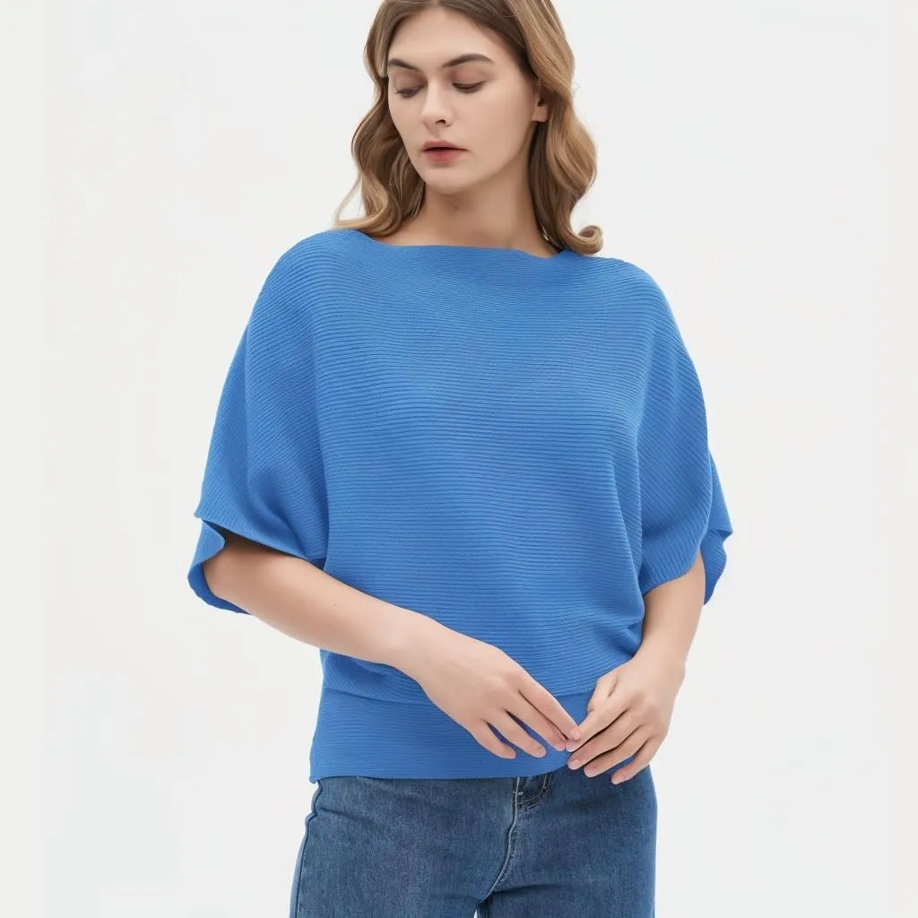 Boat Neck Short Batwing Sleeve Pullover Knit Sweaters Off Shoulder Cute Tops for Women