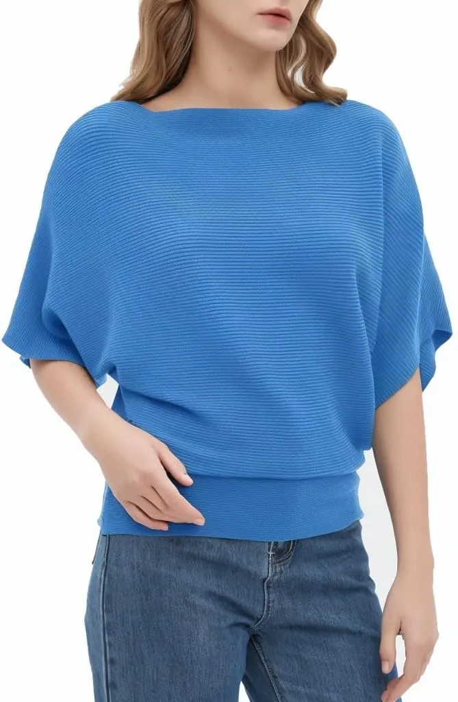 Boat Neck Short Batwing Sleeve Pullover Knit Sweaters Off Shoulder Cute Tops for Women