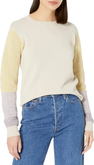 Cable Stitch Women's Contrast-Sleeve Cotton Sweater - Crewneck Long Sleeve Knitted Pullover Top