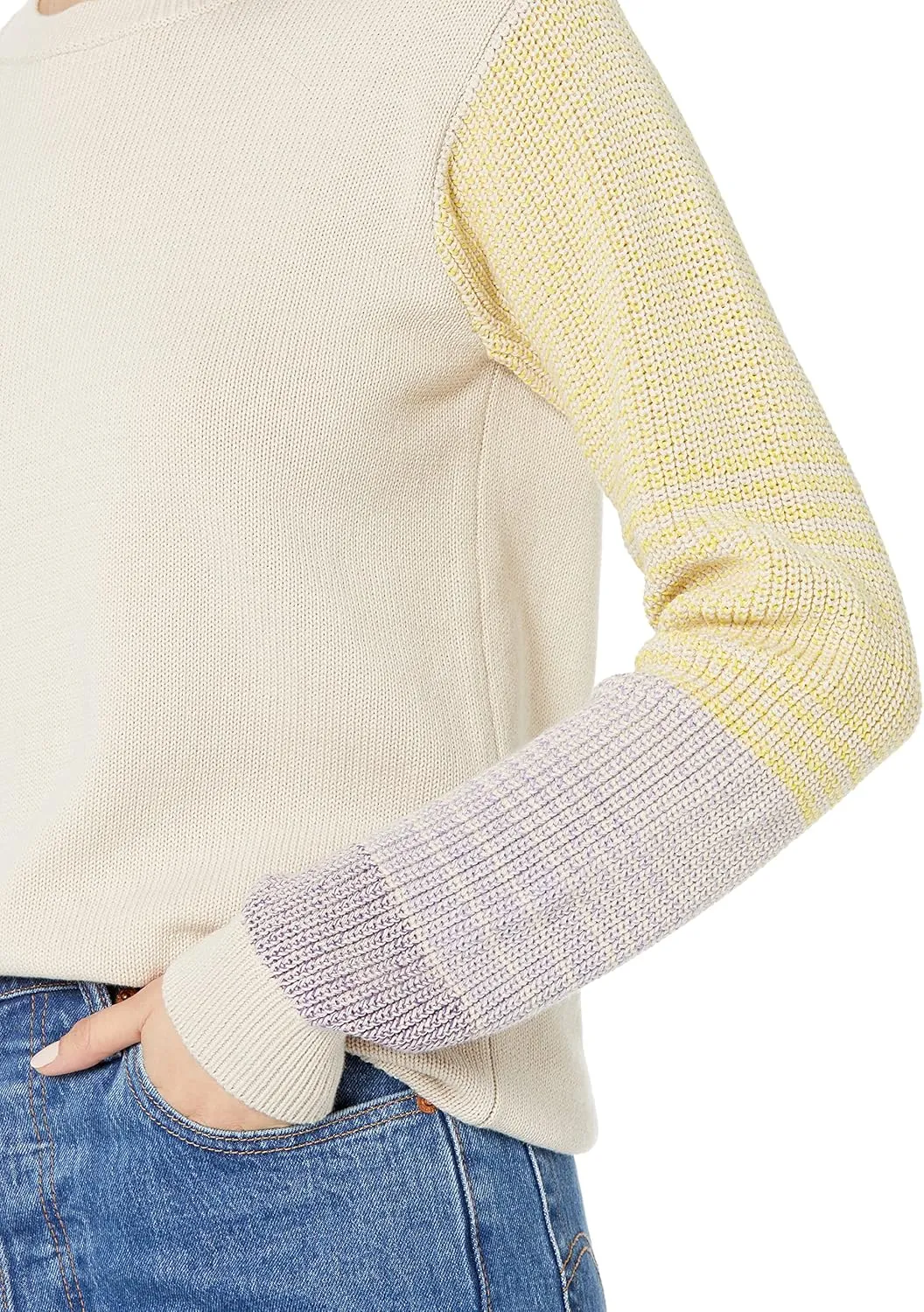 Cable Stitch Women's Contrast-Sleeve Cotton Sweater - Crewneck Long Sleeve Knitted Pullover Top