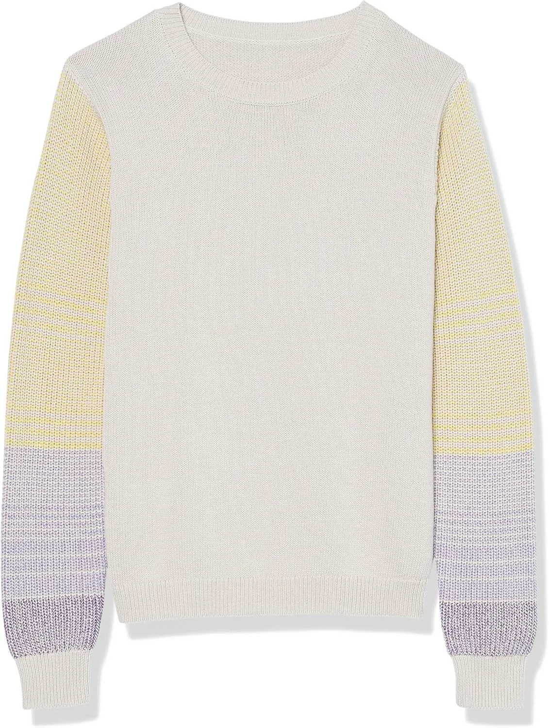 Cable Stitch Women's Contrast-Sleeve Cotton Sweater - Crewneck Long Sleeve Knitted Pullover Top