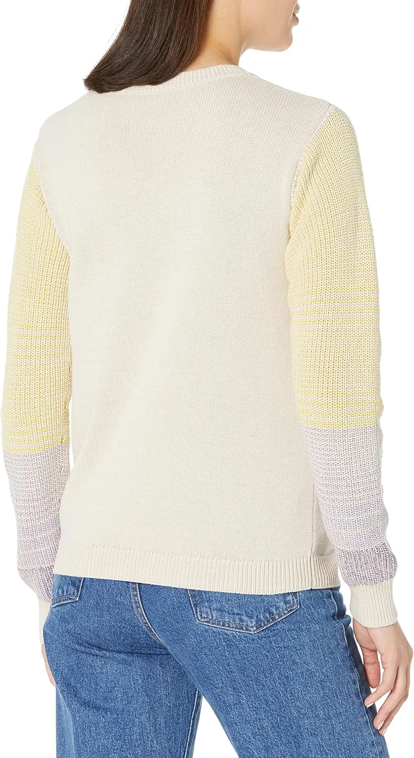 Cable Stitch Women's Contrast-Sleeve Cotton Sweater - Crewneck Long Sleeve Knitted Pullover Top