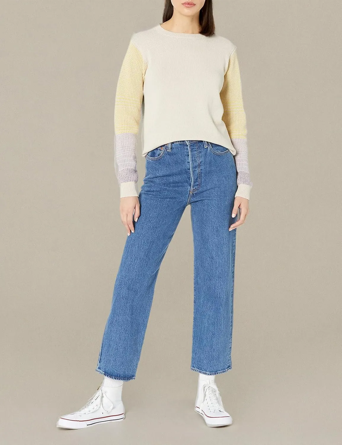 Cable Stitch Women's Contrast-Sleeve Cotton Sweater - Crewneck Long Sleeve Knitted Pullover Top