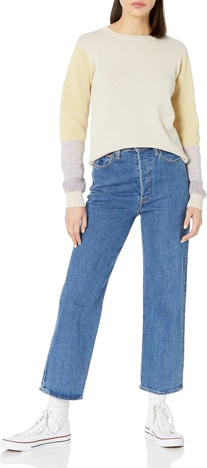 Cable Stitch Women's Contrast-Sleeve Cotton Sweater - Crewneck Long Sleeve Knitted Pullover Top
