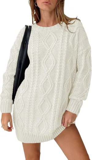 Cakulo Womens Oversized Cable Knit Sweater Dress 2025 Fall Pullover Chunky Long Sweaters Vintage Knitted Dresses