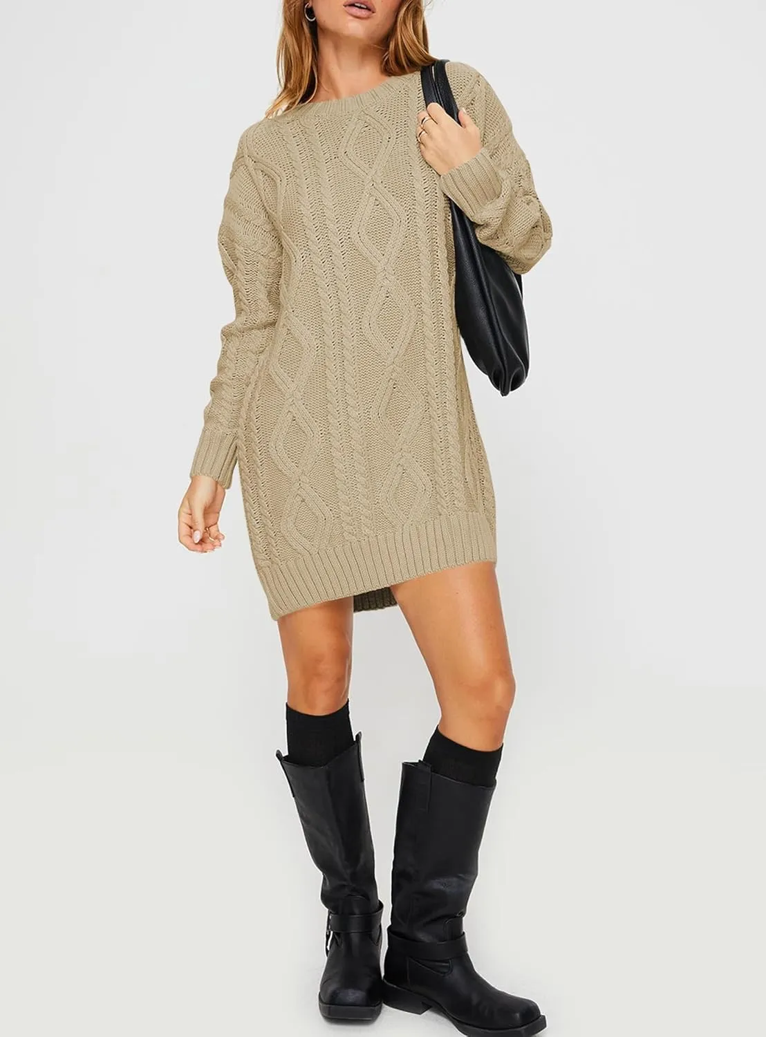 Cakulo Womens Oversized Cable Knit Sweater Dress 2025 Fall Pullover Chunky Long Sweaters Vintage Knitted Dresses
