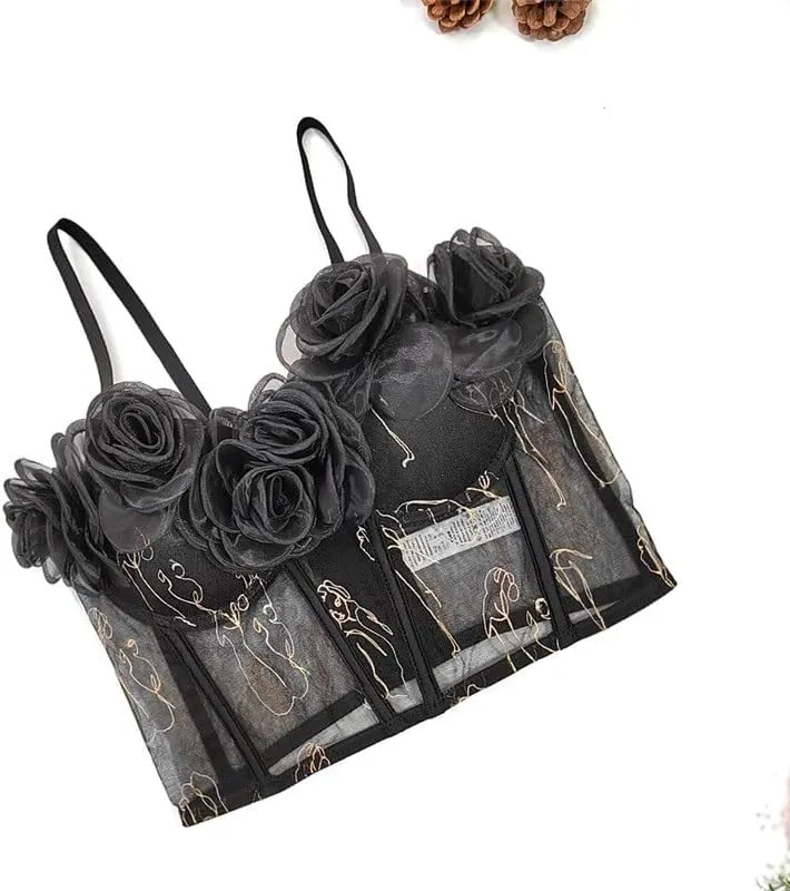 Camisole Vest Outer Wear Embroidered Top with Neckline Three-Dimensional Flowers Tube Top Underwear
