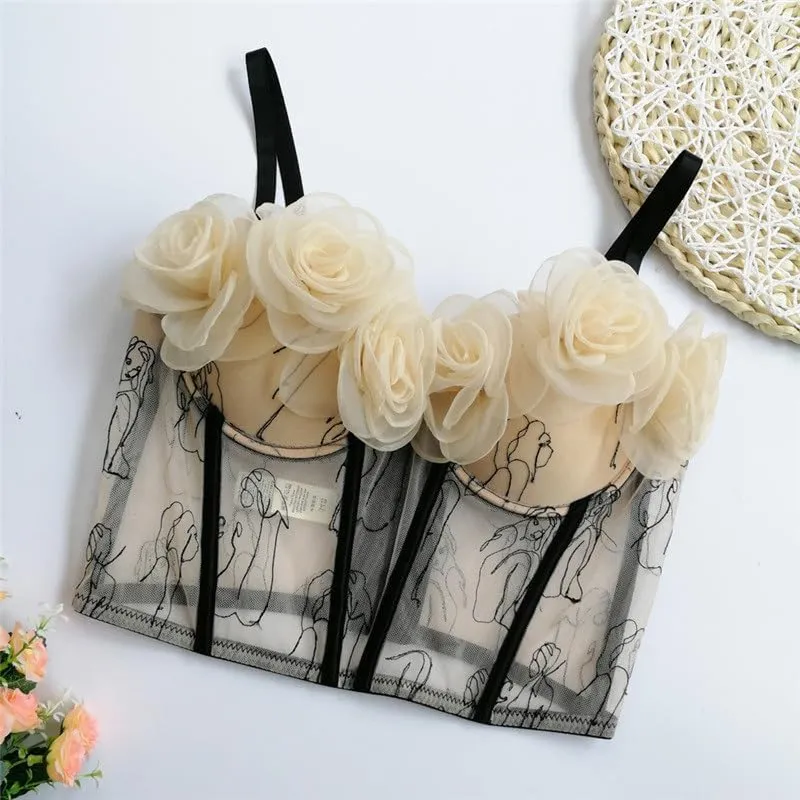 Camisole Vest Outer Wear Embroidered Top with Neckline Three-Dimensional Flowers Tube Top Underwear