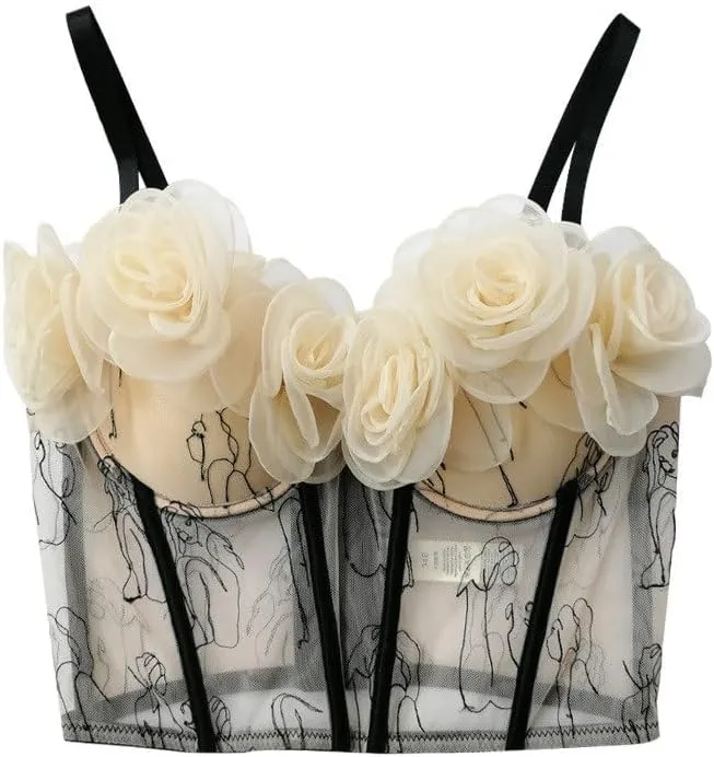 Camisole Vest Outer Wear Embroidered Top with Neckline Three-Dimensional Flowers Tube Top Underwear