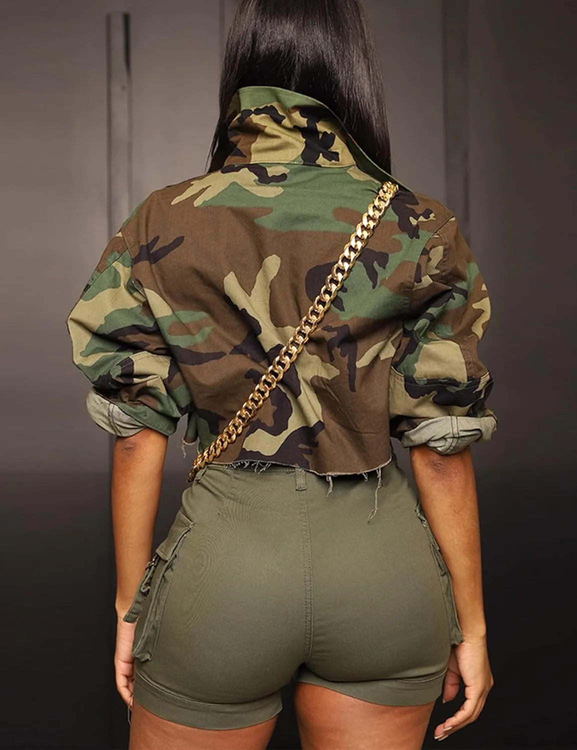 Camo Jacket for Women Cropped Denim Bomber Jacket army fatigue Camouflage Jacket Long Sleeve Button Down Camo Coat
