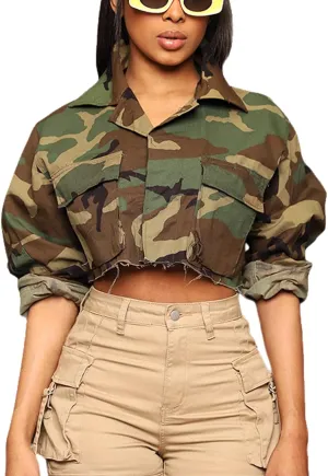 Camo Jacket for Women Cropped Denim Bomber Jacket army fatigue Camouflage Jacket Long Sleeve Button Down Camo Coat