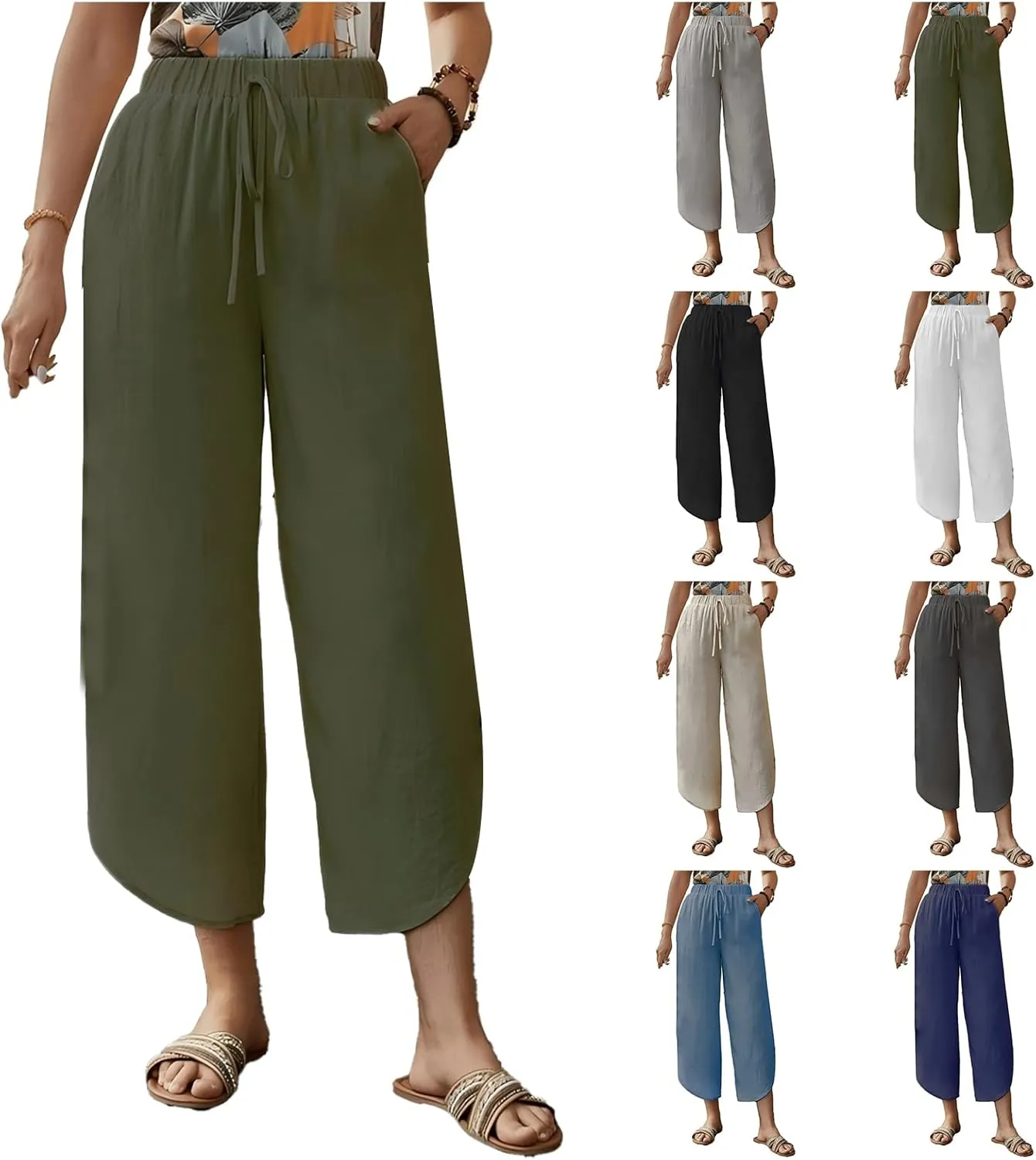 Capris Pants for Women Summer Cotton Linen Palazzo Pants Casual Flowy High Waisted Drawstring Trousers with Pockets