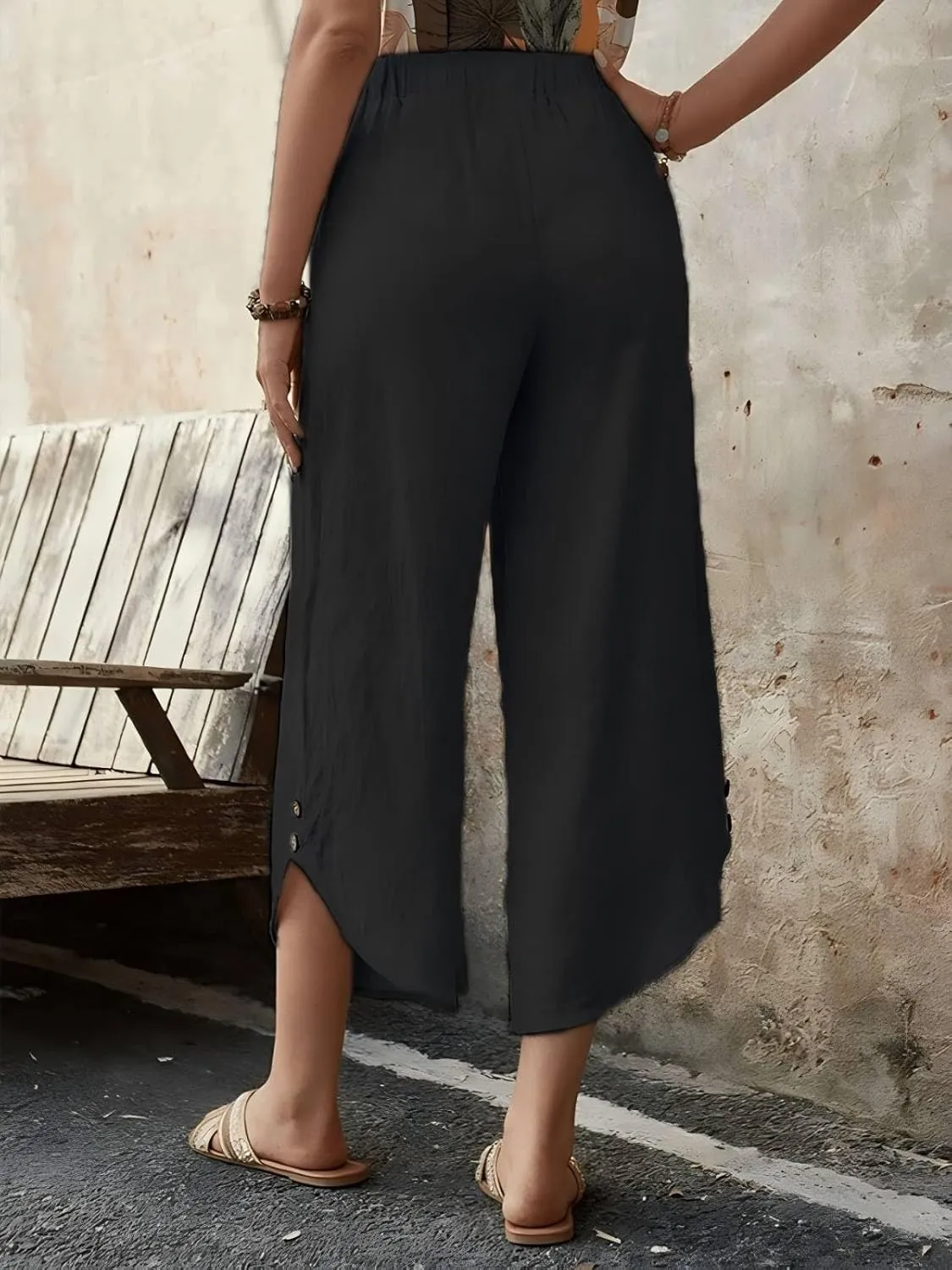Capris Pants for Women Summer Cotton Linen Palazzo Pants Casual Flowy High Waisted Drawstring Trousers with Pockets