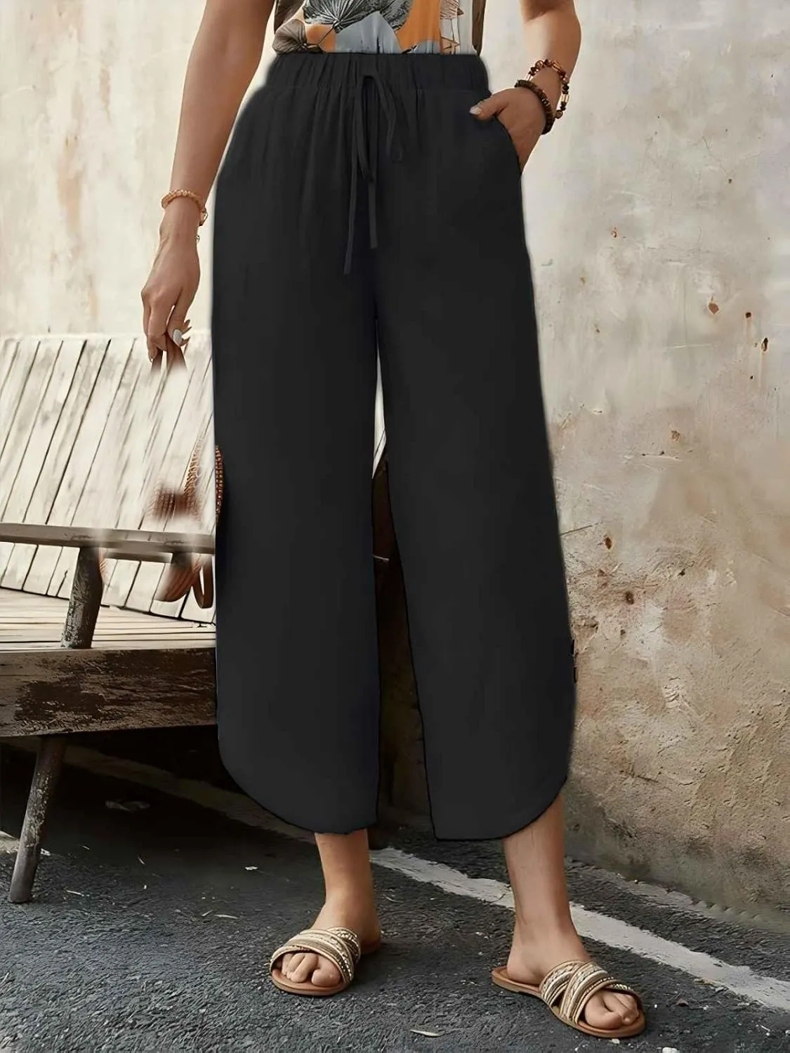 Capris Pants for Women Summer Cotton Linen Palazzo Pants Casual Flowy High Waisted Drawstring Trousers with Pockets