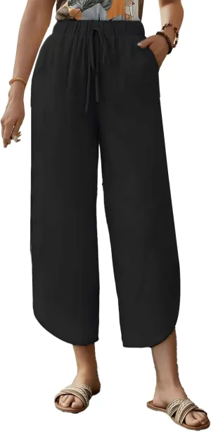 Capris Pants for Women Summer Cotton Linen Palazzo Pants Casual Flowy High Waisted Drawstring Trousers with Pockets