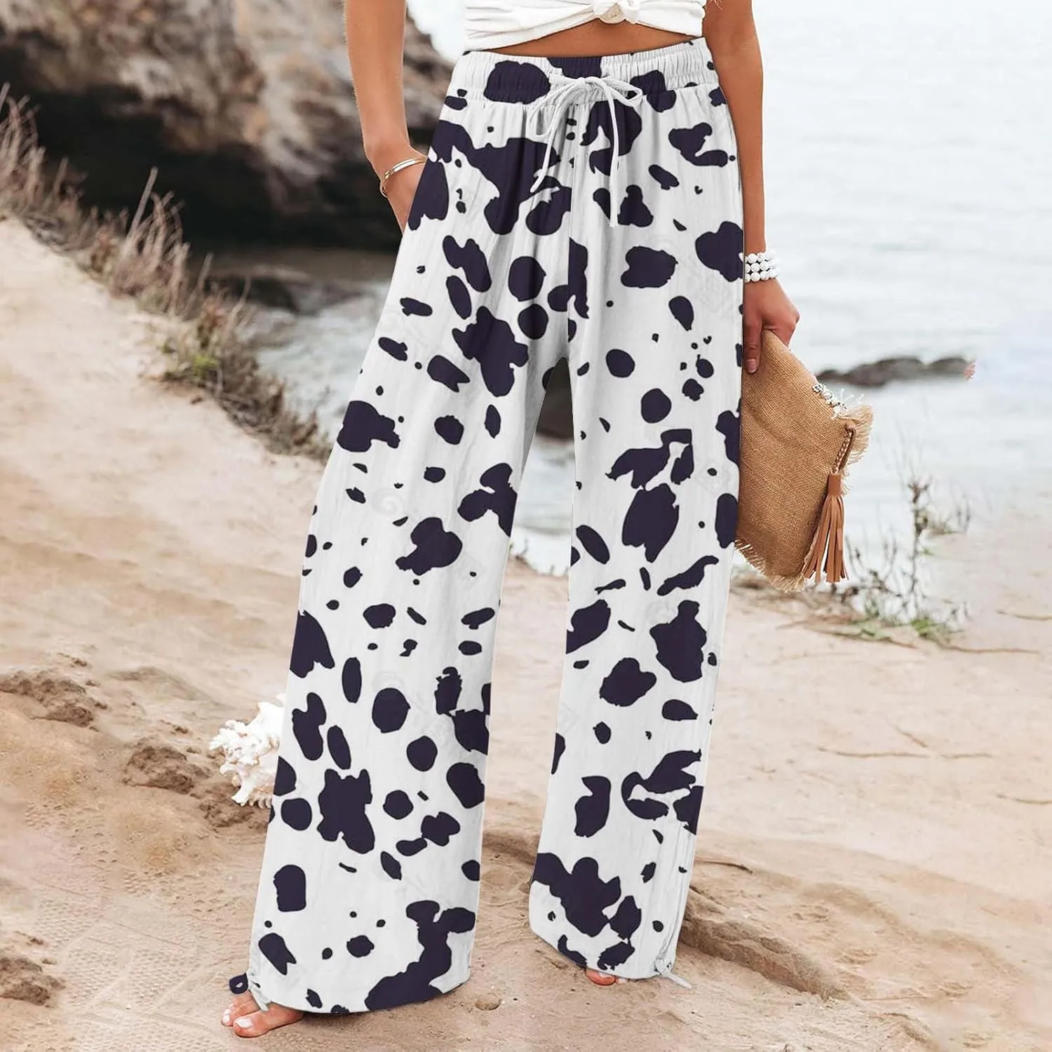 Casual Vintage Paisley Smocked Waist Trousers Womens Cotton Casual Loose Pants Comfy Work Pants with Pockets Elastic